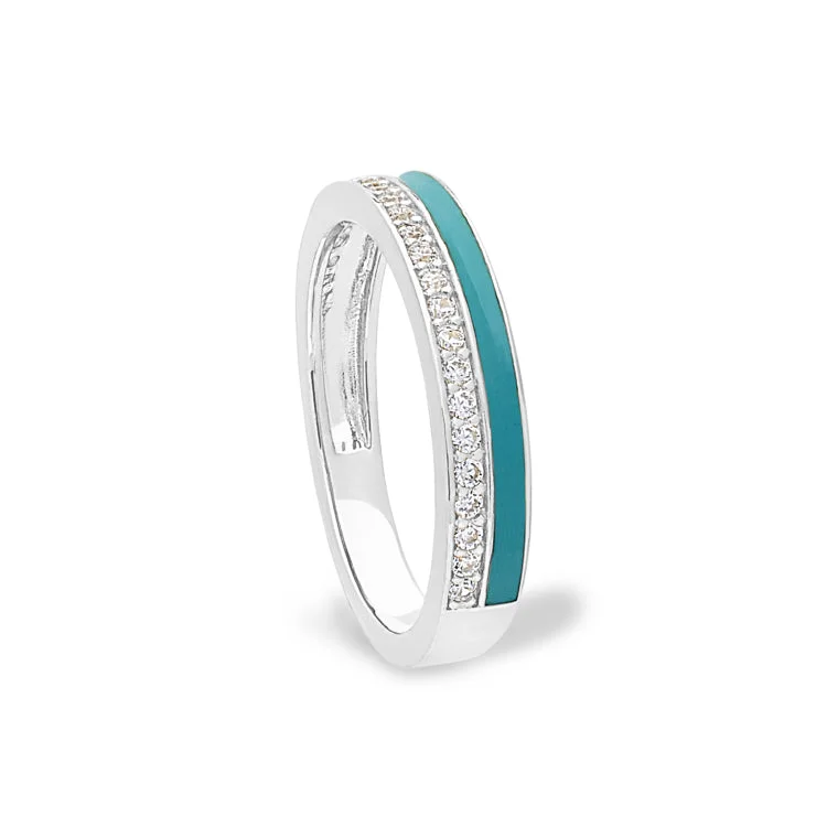 Ladies rings tropical vibe -Platinum Finish Sterling Silver Micropave Ring with with Turquoise Enamel and Simulated Diamondss