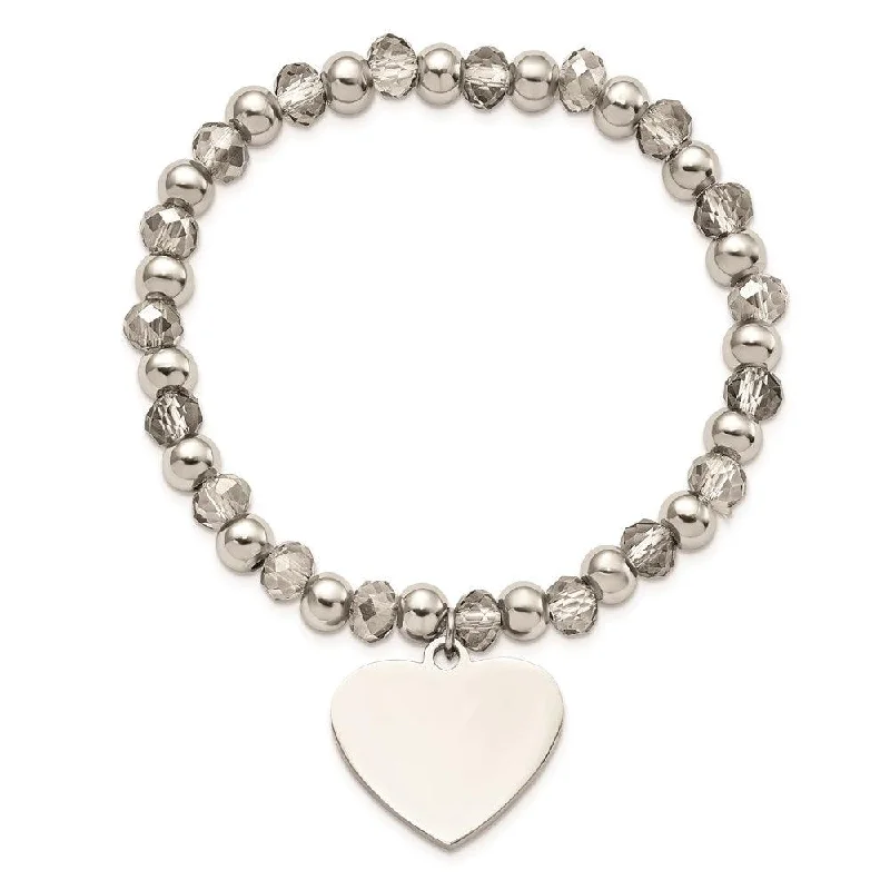 ladies bracelets indulgence-Stainless Steel Polished w/Grey Glass Beads Heart Dangle Stretch Bracelet