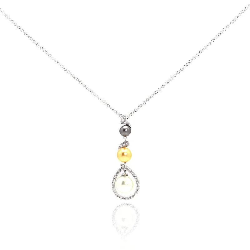 ladies necklaces water resistant-Silver 925 Rhodium Plated Multi Colored Pearl Clear CZ Drop Pendant Necklace - BGN00050