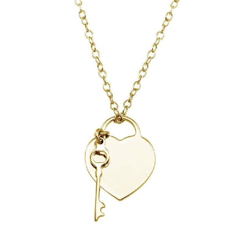 ladies necklaces y shaped-Gold Plated 925 Sterling Silver Heart With Key Necklace - DIN00105GP