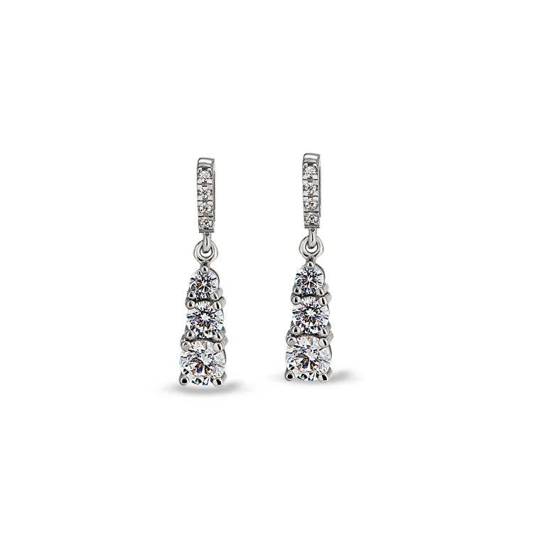 Ladies earrings desert style -Platinum Finish Sterling Silver Micropave 3 Stone Drop Earrings with Simulated Diamonds