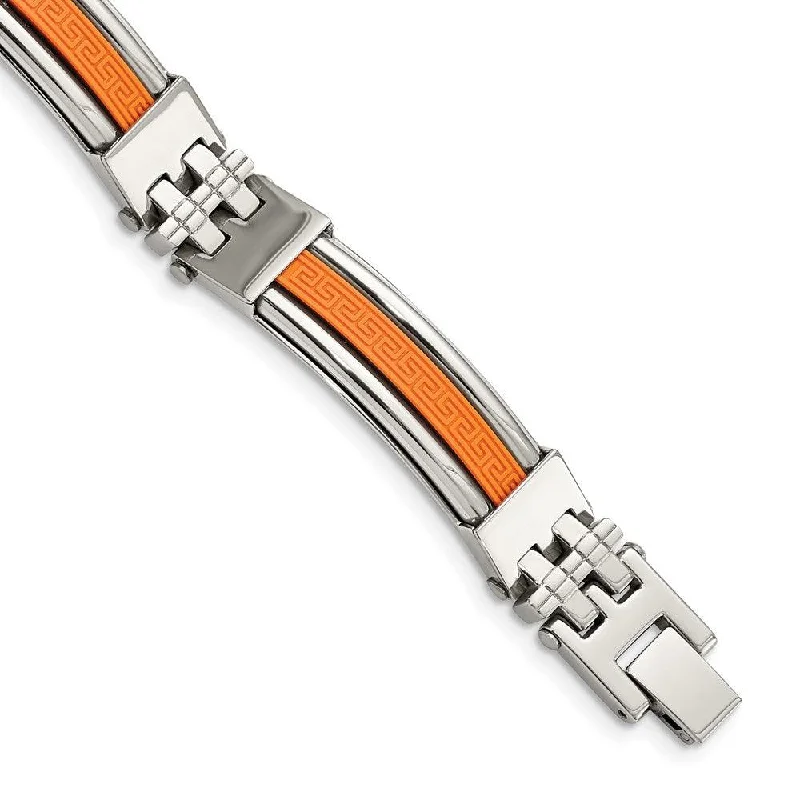 ladies bracelets designer-Stainless Steel Orange Rubber 9in Bracelet