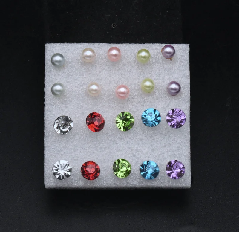 Ladies earrings eco friendly -Set of 10 Stud Earrings: Rhinestones and Faux Pearls