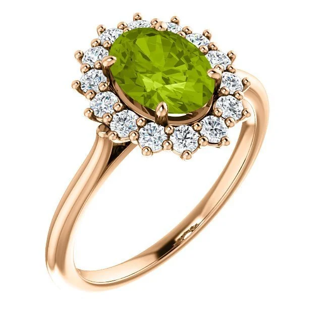 Ladies rings agate stone -14KT GOLD PERIDOT & DIAMOND OVAL HALO RING