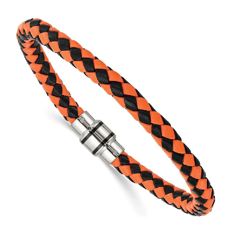 ladies bracelets online shop-Stainless Steel Polished Black IP Black/Orange Woven Leather Bracelet