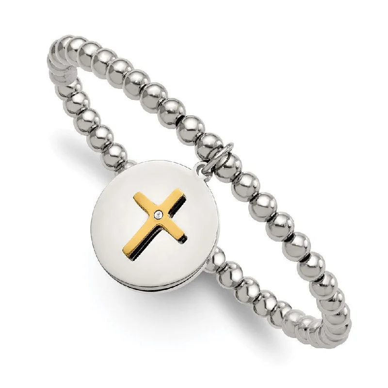 ladies bracelets delicate-Stainless Steel Polished Yellow IP Cross w/Crystal FAITH Stretch Bracelet