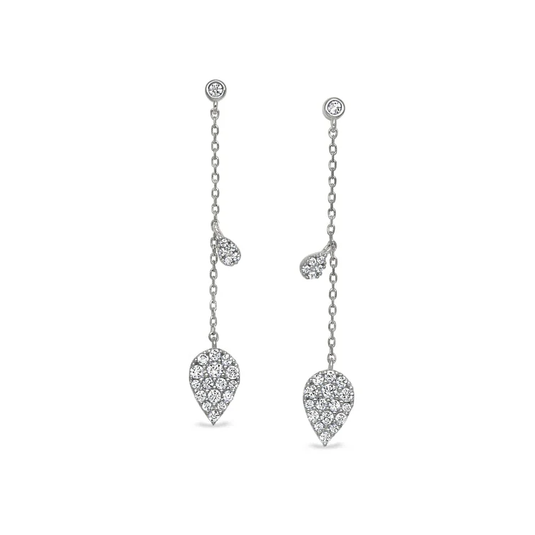 Ladies earrings palm tree -Platinum Finish Sterling Silver Micropave Leaf Drop Earrings with Simulated Diamonds