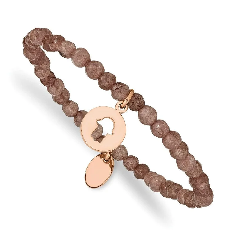 ladies bracelets thin-Stainless Steel Polished Rose IP Hamsa Brown Jade Stretch Bracelet