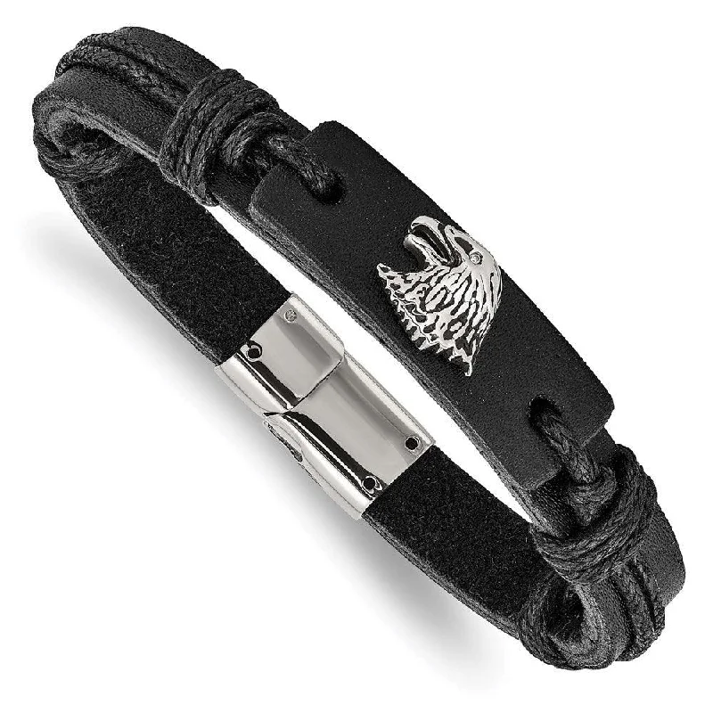 ladies bracelets everyday wear-Stainless Steel Polished Antiqued Eagle Head Black Leather Bracelet