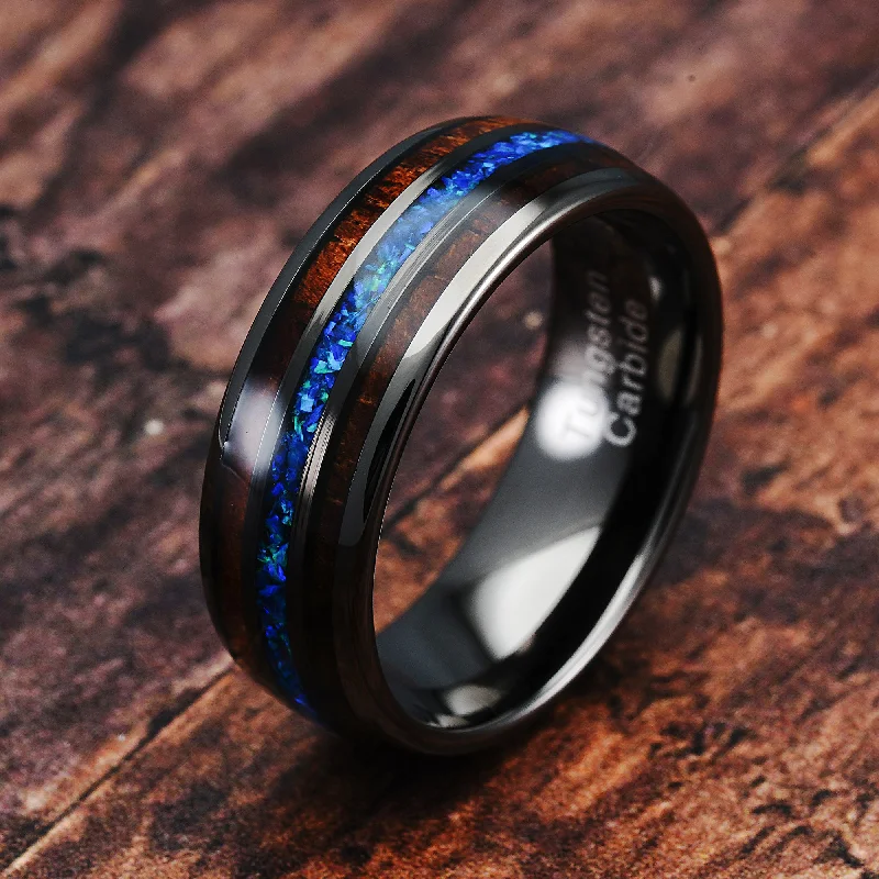 Ladies engagement rings one of a kind -Gunmetal Tungsten Ring For Men Koa Wood Blue Opal Inlaid Wedding Band Promise Engagement Size 6-16