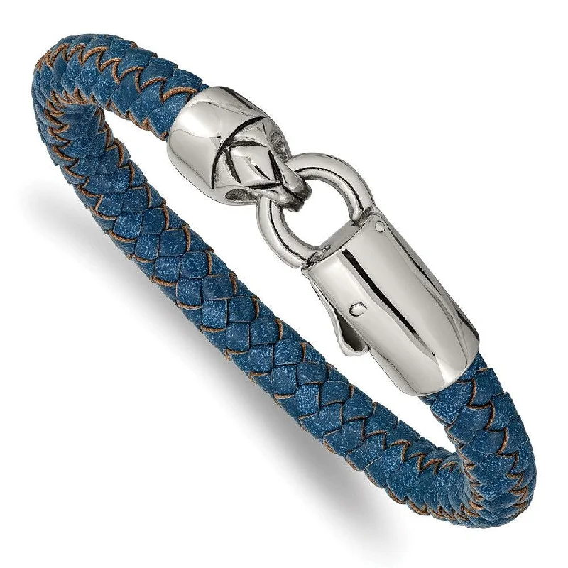 ladies bracelets round-Stainless Steel Antiqued and Polished Blue Leather 8.25in Bracelet