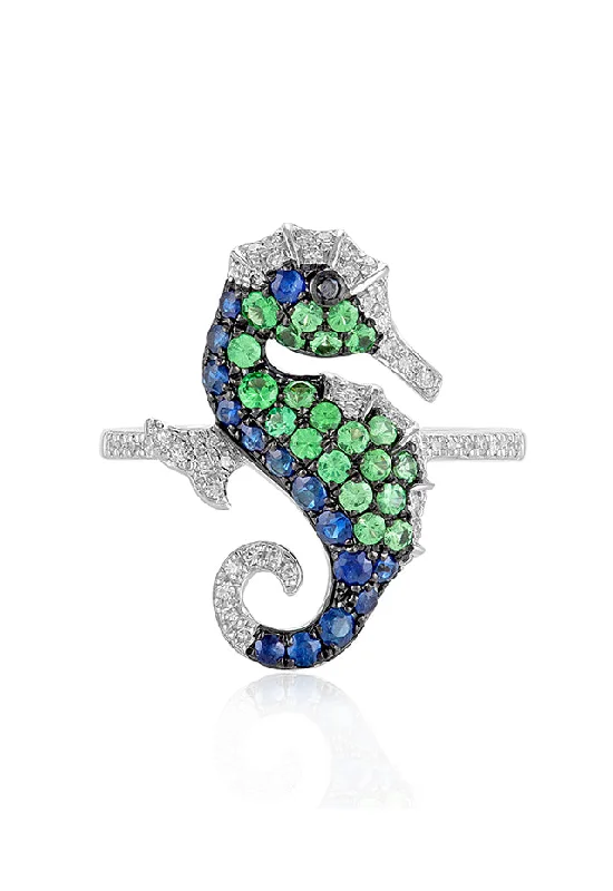 Ladies rings turquoise stone -Seaside 14K White Gold Multi Gemstone and Diamond Seahorse Ring