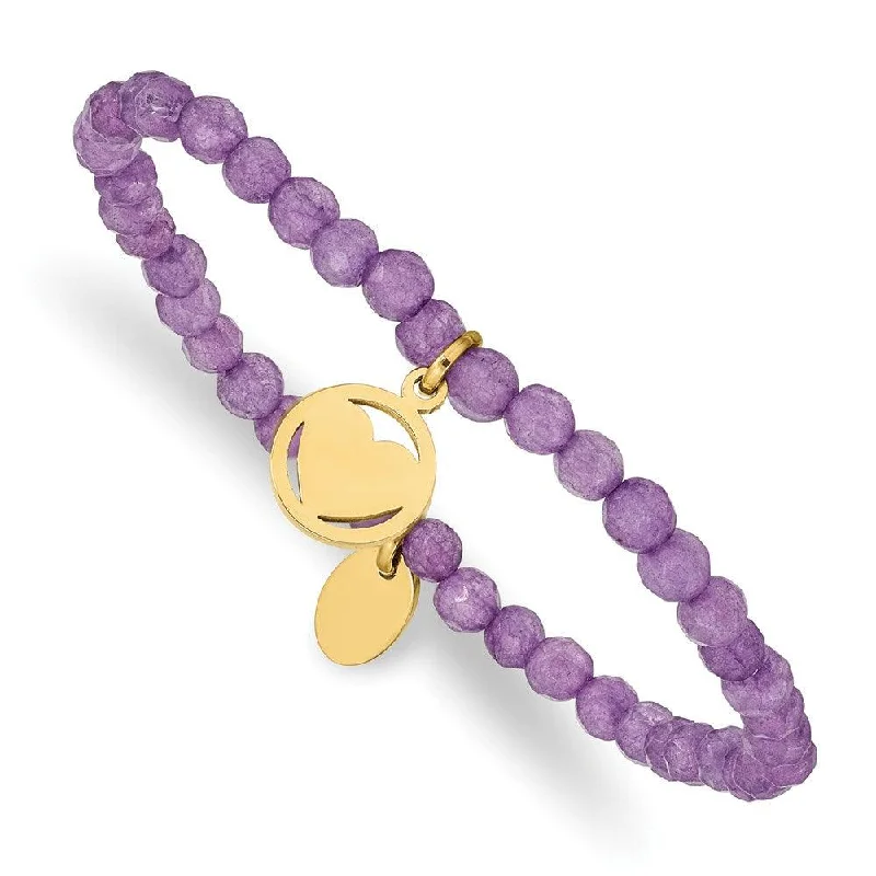 ladies bracelets estate-Stainless Steel Polished Yellow IP Heart Light Purple Jade Stretch Bracelet