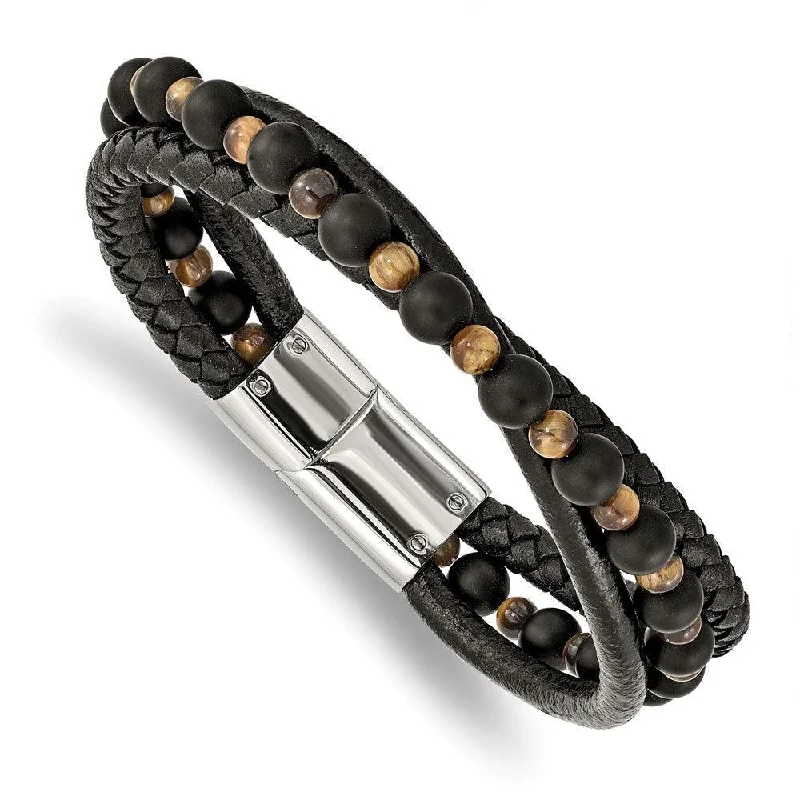 ladies bracelets polished-Stainless Steel Polished w/Tiger's Eye/Black Agate Leather 8.25in Bracelet