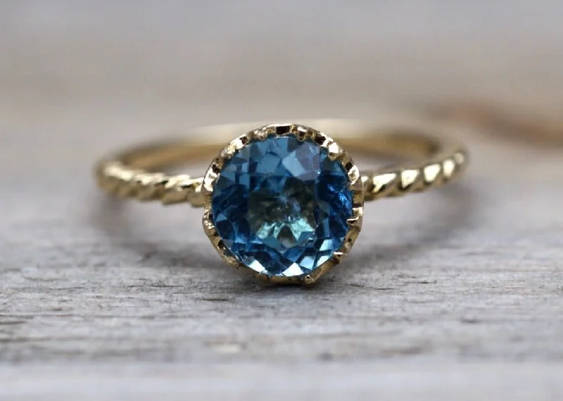 Ladies engagement rings mermaid vibe -Melrose 7mm Topaz 14k Yellow Gold Round Blue Engagement Ring Crown Vintage Design Rope Classic November Birthstone