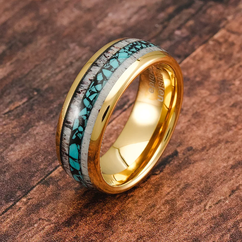 Ladies engagement rings fantasy lover -100S JEWELRY Gold Tungsten Rings For Men Turquoise & Elk Antler Inlay Wedding Promise Engagement Band Size 6-16