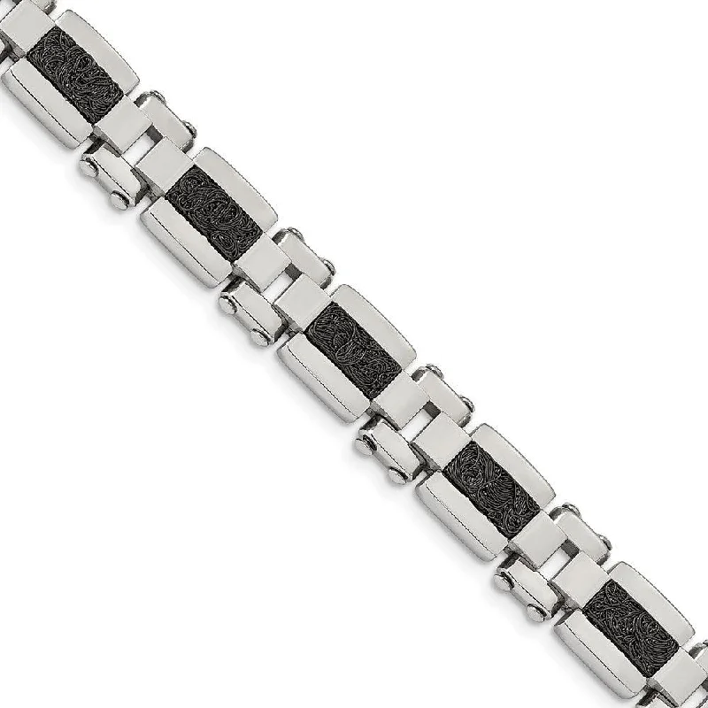 ladies bracelets adjustable-Stainless Steel Polished Black IP-plated Textured Wire Inlay 8.5in Bracelet