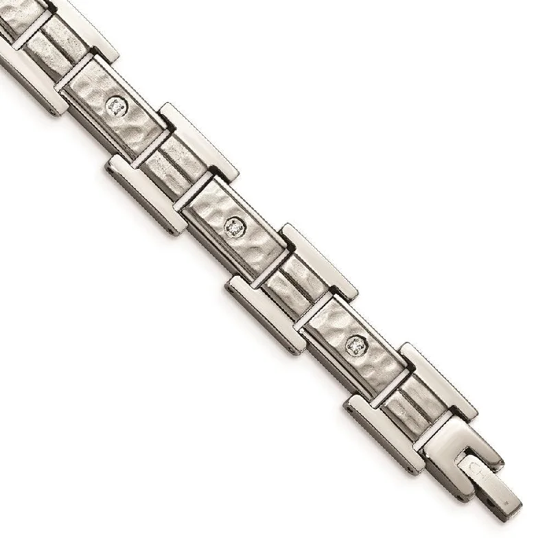 ladies bracelets new-Stainless Steel Brushed Polished and Hammered w/CZ 8.5 in Bracelet