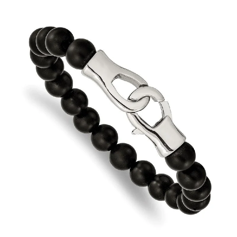 ladies bracelets birthday-Stainless Steel Polished Black Agate Beads 9in Bracelet