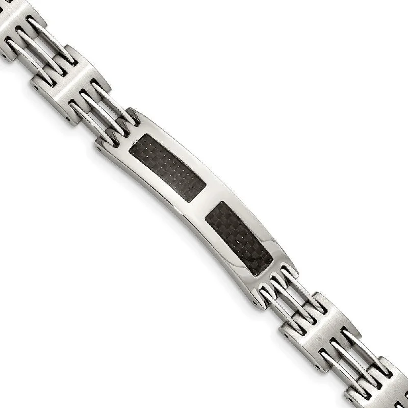 ladies bracelets styles-Stainless Steel Black Carbon Fiber Inlay 8.5in ID Bracelet