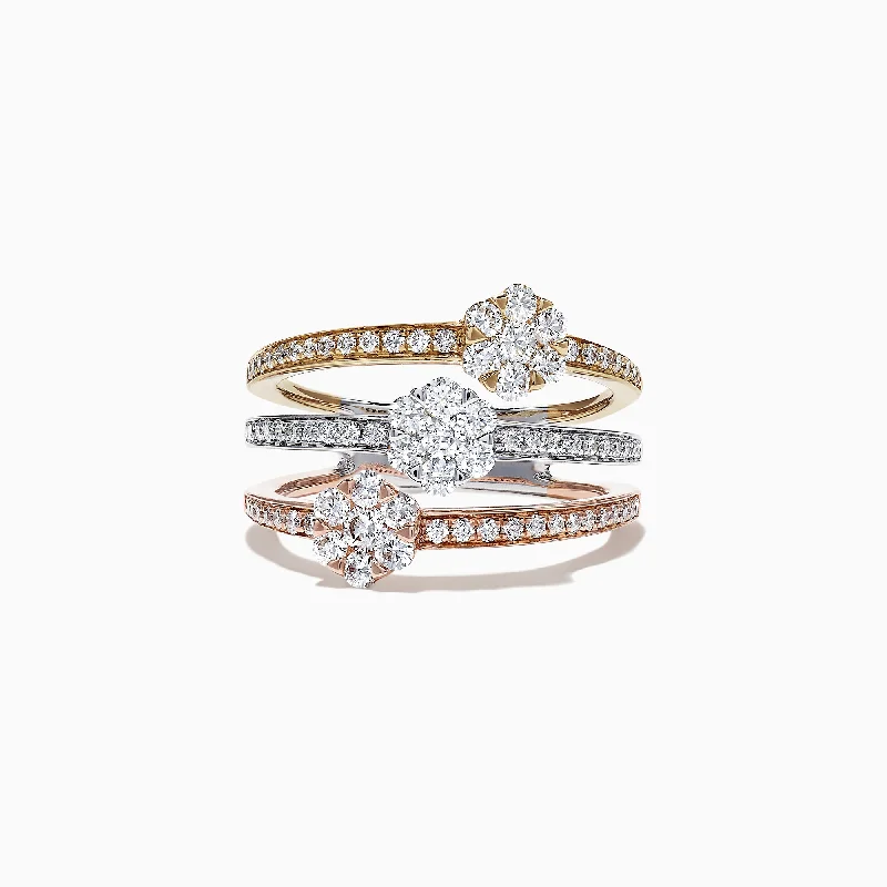 Ladies rings elegant style -Trio 14K Tri Tone Gold Split Band Diamond Flower Ring, 1.04 TCW