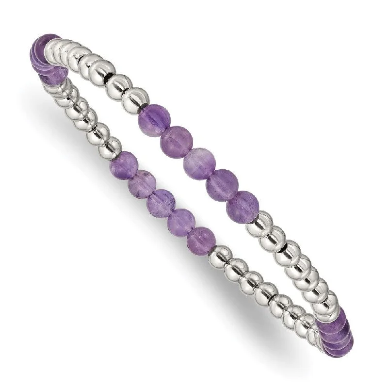 ladies bracelets free shipping-Stainless Steel Polished Purple Zebra Amethyst Beaded Stretch Bracelet