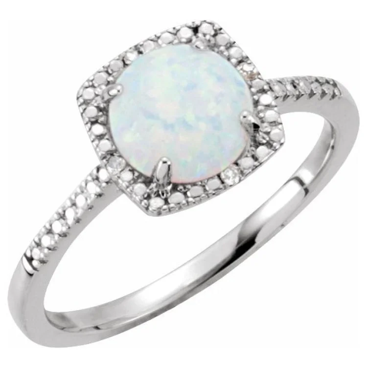 Ladies rings recycled materials -Sterling Silver Lab-Grown White Opal & .01 CTW Natural Diamond Ring