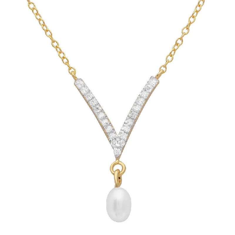 ladies necklaces classic-Silver 925 Gold Plated V Shape CZ Necklace with Hanging Fresh Water Pearl - STP01525GP