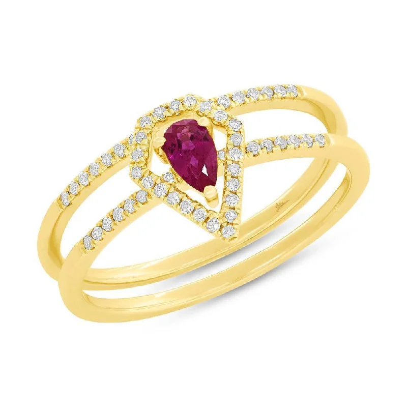 Ladies rings 1950s vintage -14KT GOLD 0.22 CTW PEAR SHAPE RUBY & 0.15 CTW DIAMOND RING