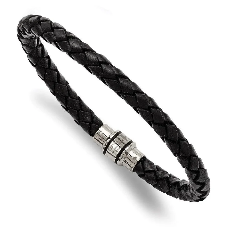 ladies bracelets best seller-Stainless Steel Polished Black IP-plated Black Woven Leather Bracelet