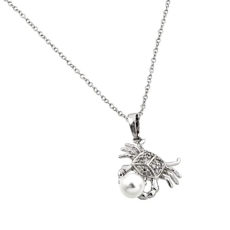 ladies necklaces smooth-Silver 925 Rhodium Plated Clear CZ Stone Crab Holding Synthetic Pearl Pendant Necklace - BGP00857