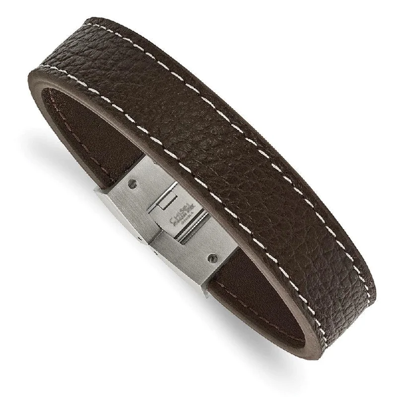 ladies bracelets repair-Stainless Steel Polished Brown Leather Bracelet