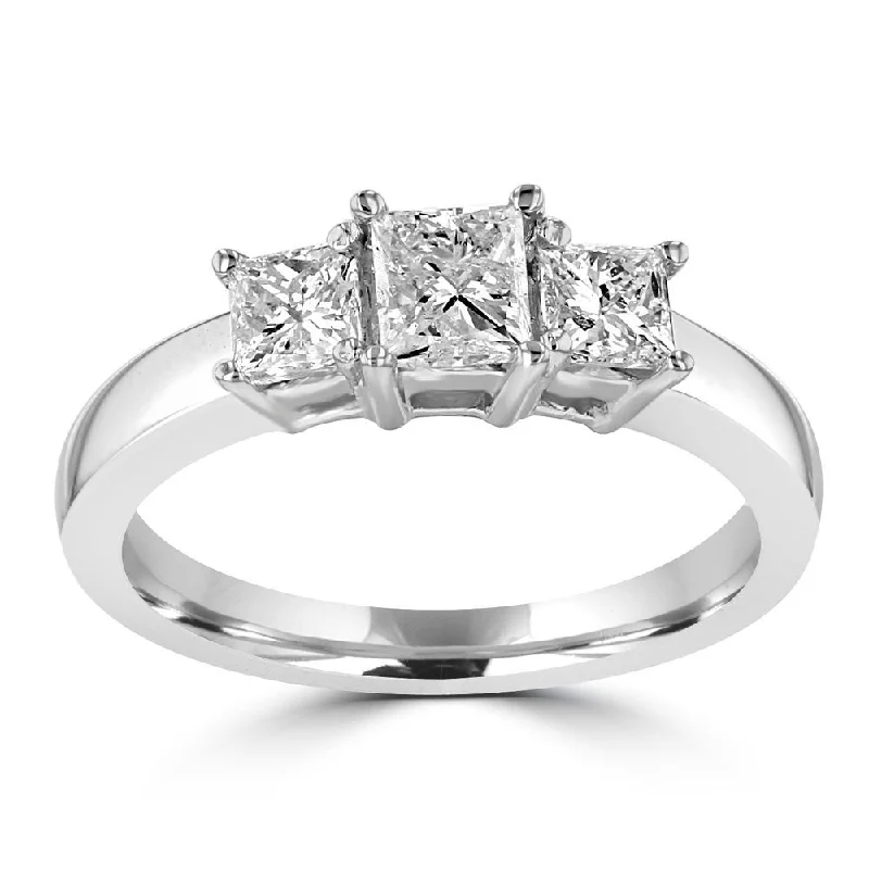 Ladies rings personalized engraving -14KT White Gold 1.06 CTW Princess Cut Diamond 3 Stone Ring