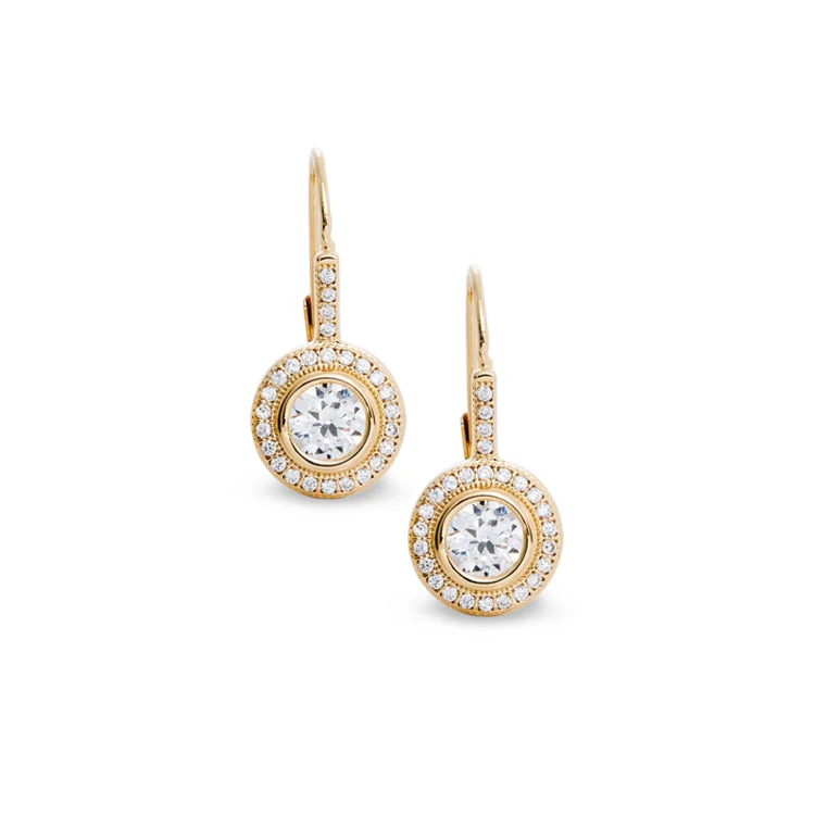 Ladies earrings sterling silver -Gold Finish Sterling Silver Micropave Round Lever Back Earrings with 27 Simulated Diamonds