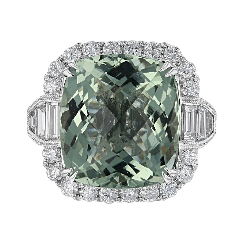 Ladies rings jesus design -JULEVE 18KT WHITE GOLD 14.82 CT PRASIOLITE & 2.26 CTW DIAMOND HALO RING