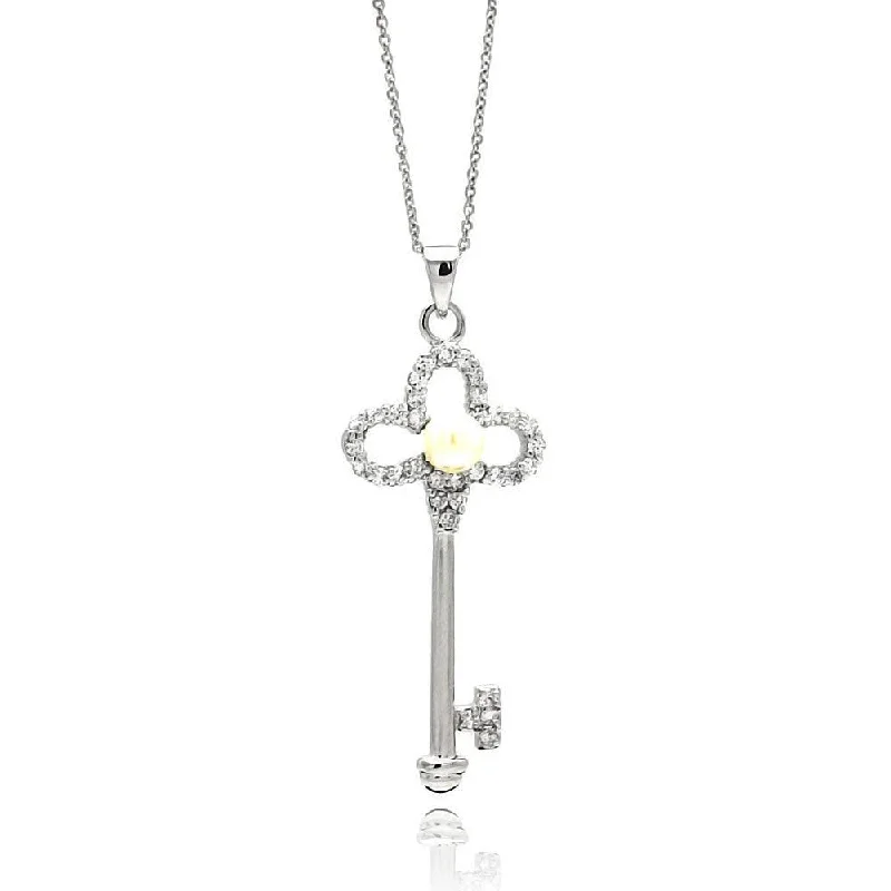 ladies necklaces 1950s-Silver 925 Rhodium Plated Open Flower Key CZ Center Pearl Necklace - BGP00562