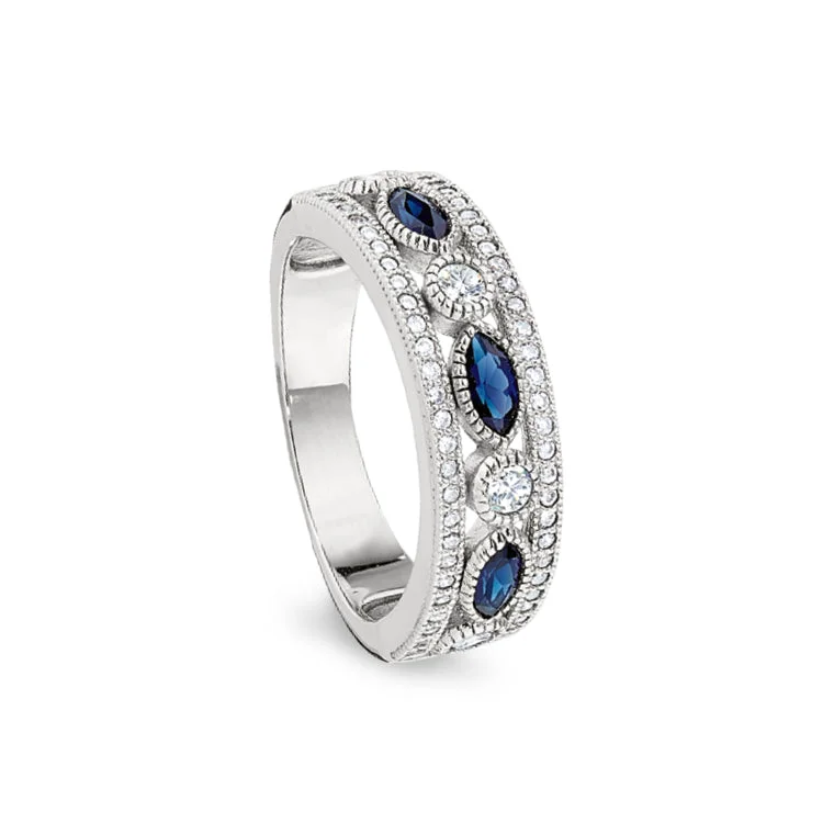 Ladies rings natural stones -Platinum Finish Sterling Silver Micropave Vintage Ring with Synthetic Blue Sapphire & 58 Simulated Diamonds