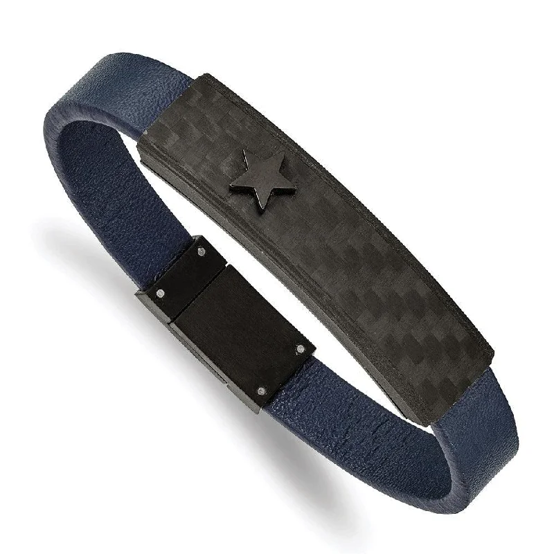 ladies bracelets surprise-Stainless Steel Polished Black IP Carbon Fiber Blue Faux Leather Bracelet