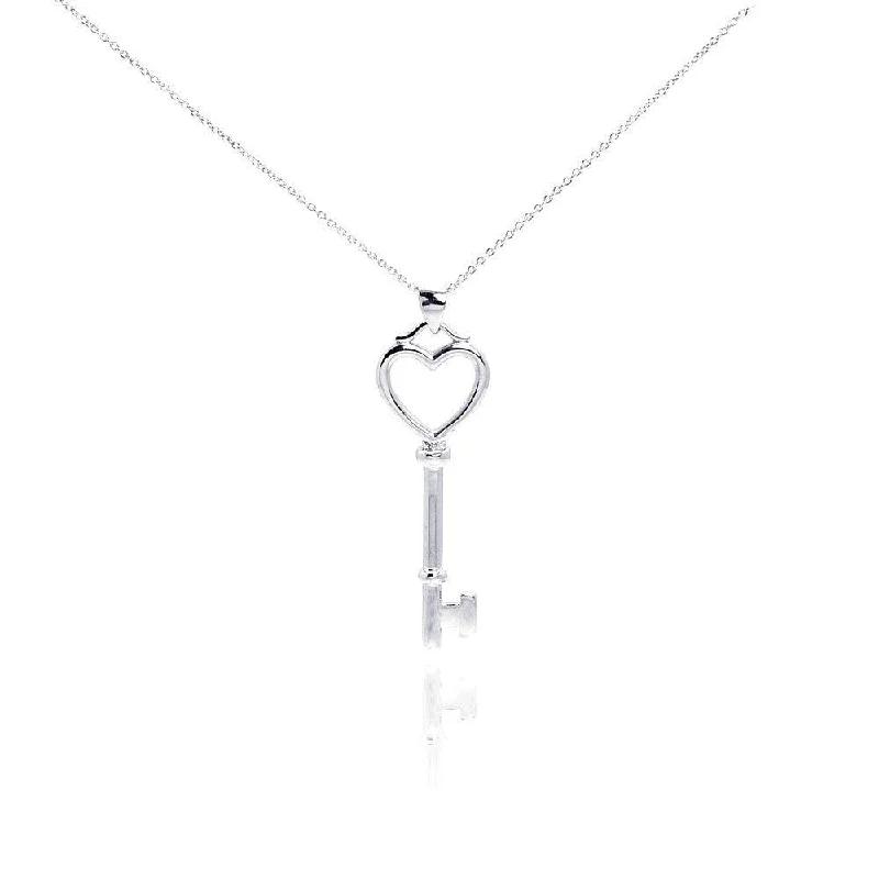 ladies necklaces 1950s-Silver 925 Rhodium Plated Clear CZ Heart Key Pendant Necklace - STP00979