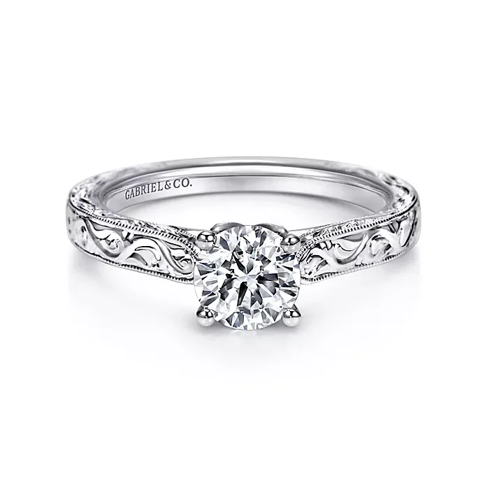 Ladies engagement rings proposal gift -Dede - Vintage Inspired 14K White Gold Round Diamond Engagement Ring