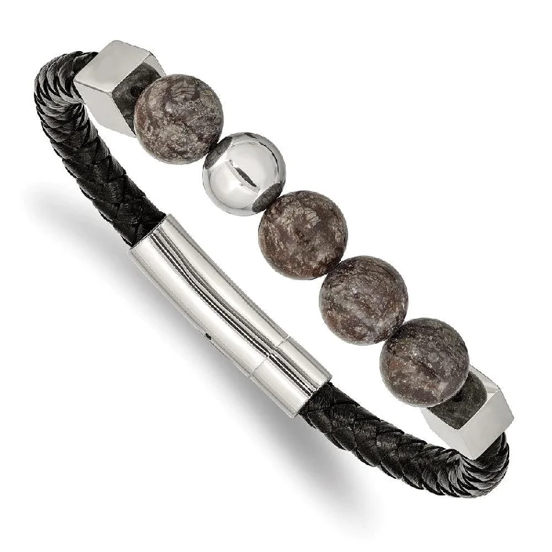 ladies bracelets designer-Stainless Steel Polished w/Labradorite Black Leather 8.5in Bracelet