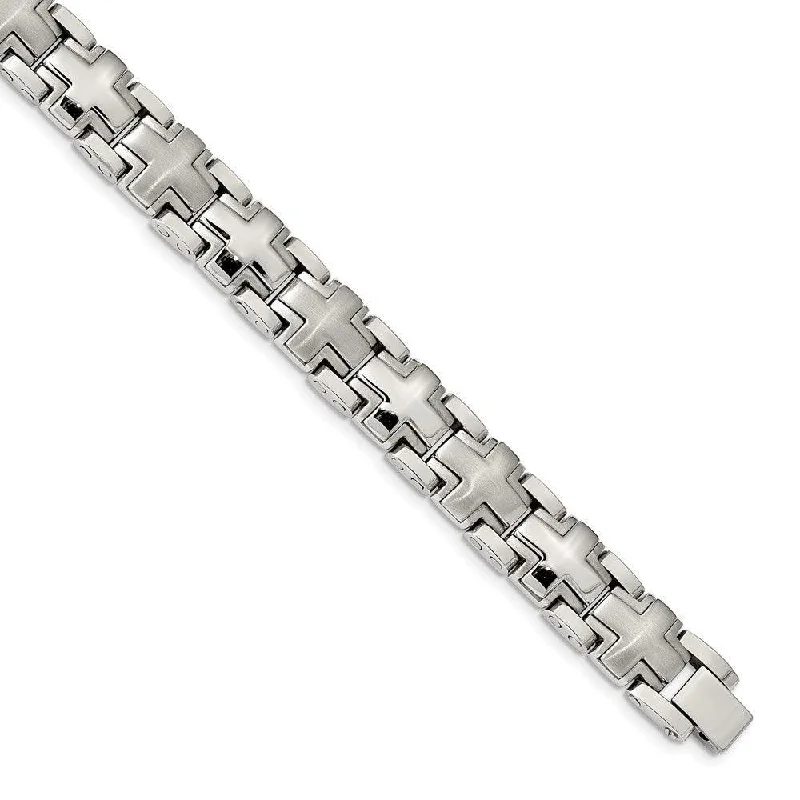 ladies bracelets moon-Stainless Steel Brushed and Polished Cross 8.25in Heavy Link Bracelet