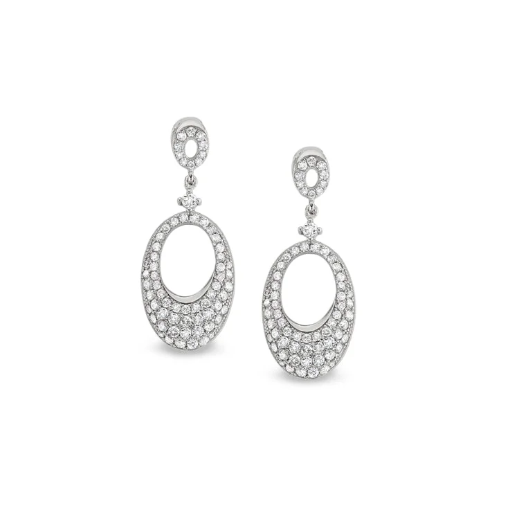 Ladies earrings flag accent -Platinum Finish Sterling Silver Micropave Graduated Open Oval Earrings with Simulated Diamonds