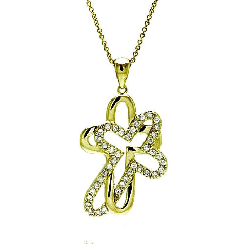 ladies necklaces best-Clearance-Silver 925 Clear CZ Gold Plated Double Cross Pendant Necklace - STP00008GP