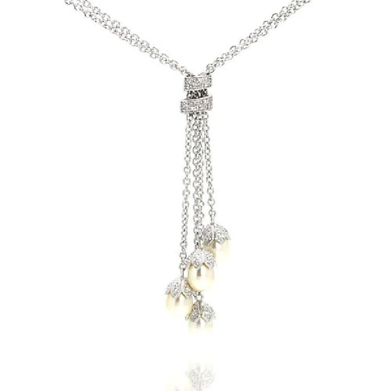 ladies necklaces detailed-Silver 925 Rhodium Plated Pearl Drops CZ Pendant Necklace - STP00928