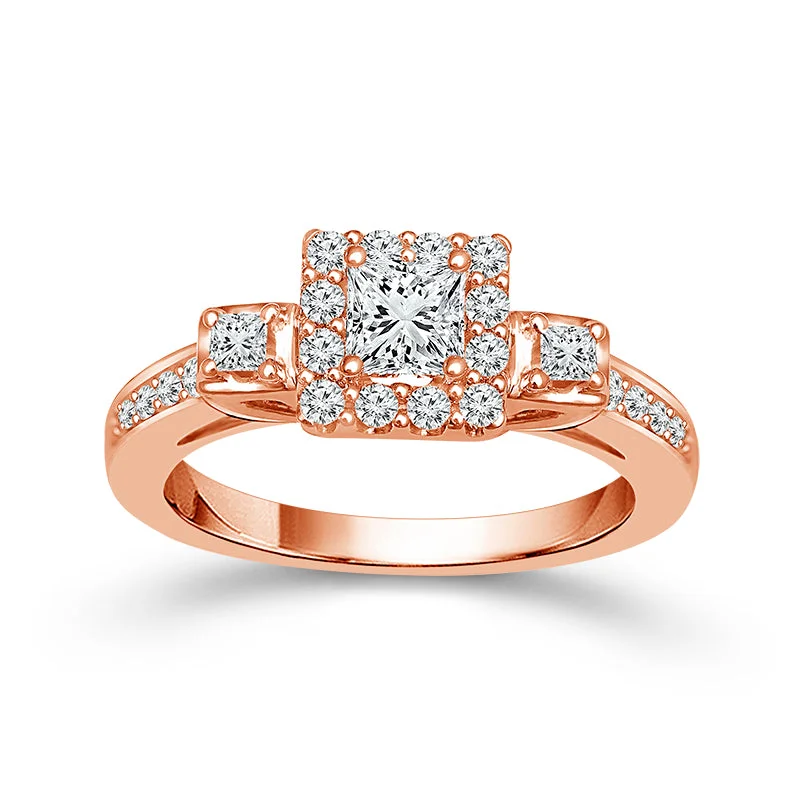 Ladies engagement rings tarnish resistant -1/3 Ctw Princess Cut Diamond Halo Engagement Ring in 10k Rose Gold