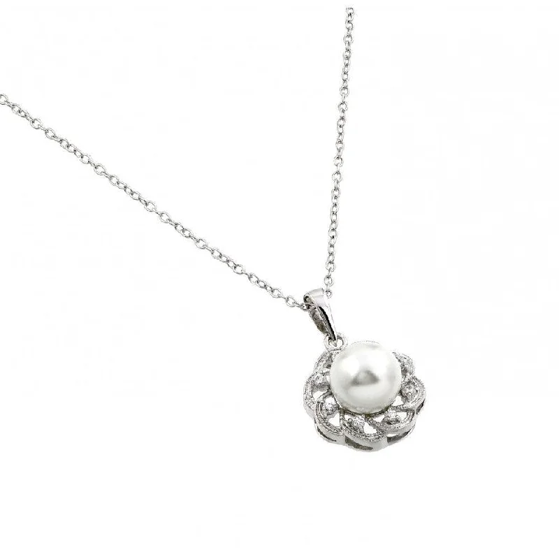 ladies necklaces flashy-Silver 925 Rhodium Plated Flower CZ Center Pearl Necklace - BGP00707