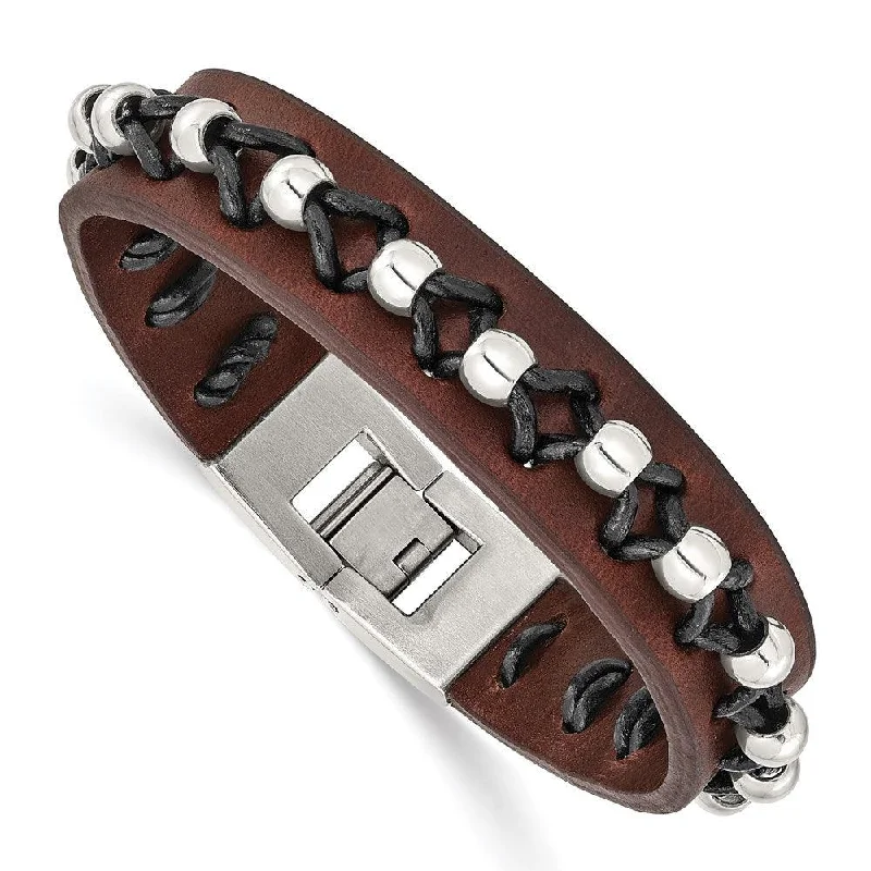 ladies bracelets star-Stainless Steel Brown Leather with Polished Beads Bracelet