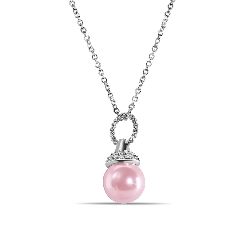 ladies necklaces treat-Silver 925 Rhodium Plated Clear CZ and Pink Pearl Pendant Necklace - STP00939PNK