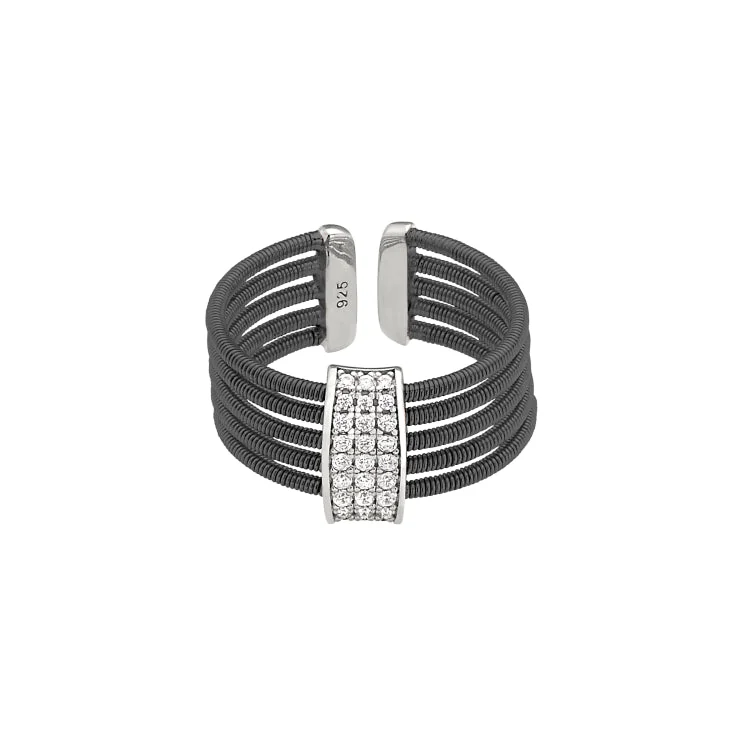 Ladies rings heart shaped -Black Rhodium Finish Sterling Silver Multi Cable Cuff Ring with Rhodium Finish Simulated Diamond Three Rows